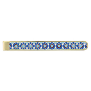 Islamic Blue White Moroccan Geometric Pattern Gold Finish Tie Bar