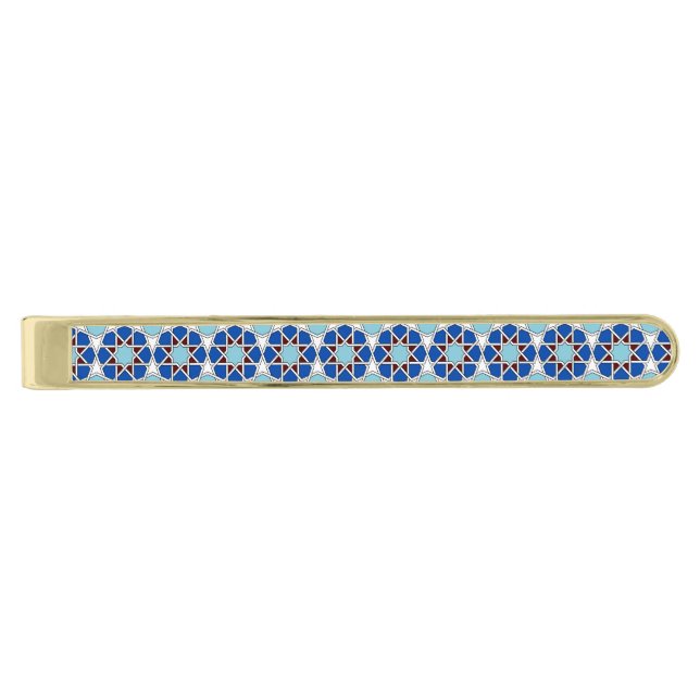 Islamic Blue White Moroccan Geometric Pattern Gold Finish Tie Bar (Front)