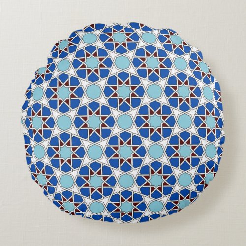 Islamic Blue White Moroccan Geometric Pattern Round Pillow