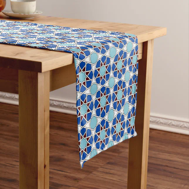 Islamic Blue White Moroccan Geometric Pattern Short Table Runner | Zazzle