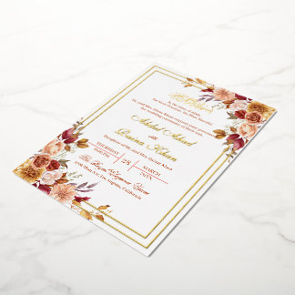 Islamic Botanical Burgundy Flowers Nikkah Gold Foil Invitation