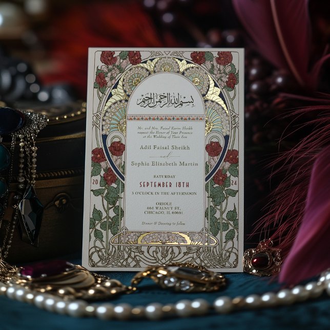 Islamic Burgundy Wedding Art Nouveau Mucha Foil Invitation (Creator Uploaded)