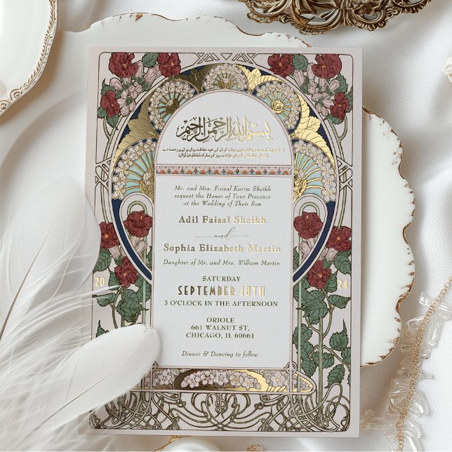 Islamic Burgundy Wedding Art Nouveau Mucha Foil Invitation (Creator Uploaded)