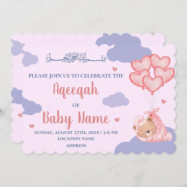 Islamic Cute Pink Girl Aqeeqah Invitation Card (Front/Back)