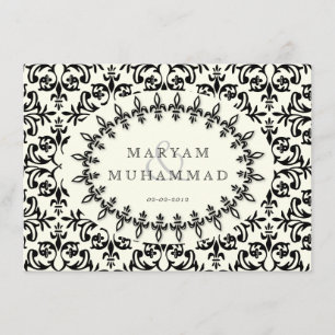 Islamic damask wedding engagement black flower invitation