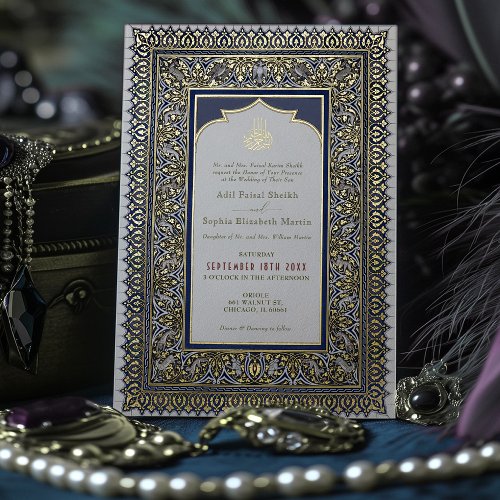 Islamic Dusty Blue Wedding Ottoman Turkish Foil Invitation