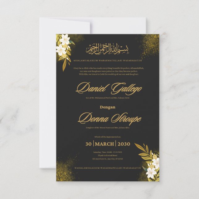 Islamic Elegant Black & Gold Wedding Invitation | (Front)