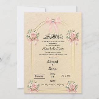 Islamic Elegant Gold Arch Pink Floral Pearl save The Date
