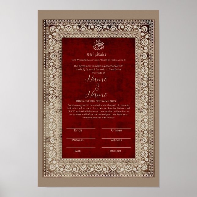 Islamic Elegant Red and gold Nikkah certificate  Poster (Front)