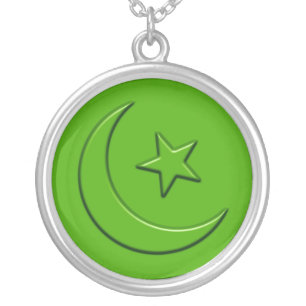 Islamic Embossed Moon & Star Silver Plated Necklace