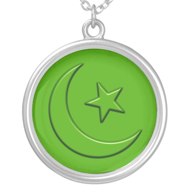 Islamic Embossed Moon & Star Silver Plated Necklace (Front)