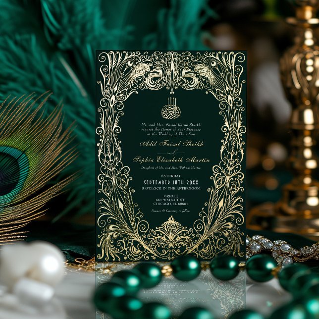 Islamic Emerald Green Wedding Ottoman Turkish Foil Invitation (Creator Uploaded)