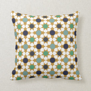 Islamic Geometric Blue Gold Motif Pattern Throw Pillow