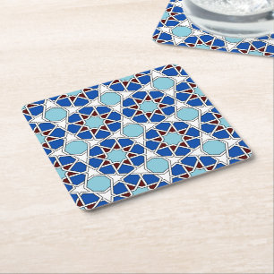 Islamic geometric Moroccan pattern in blue Square Paper Coaster