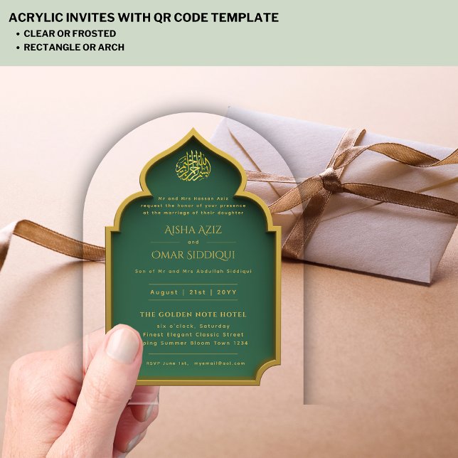 Islamic Gold Green Nikah Walima Muslim Elegant Acrylic Invitations (Creator Uploaded)