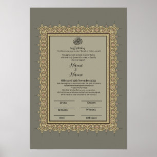 Islamic Gray floral border Nikkah certificate Poster