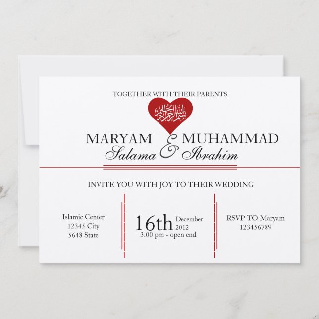 Islamic Islam vintage wedding engagement red heart Invitation (Front)