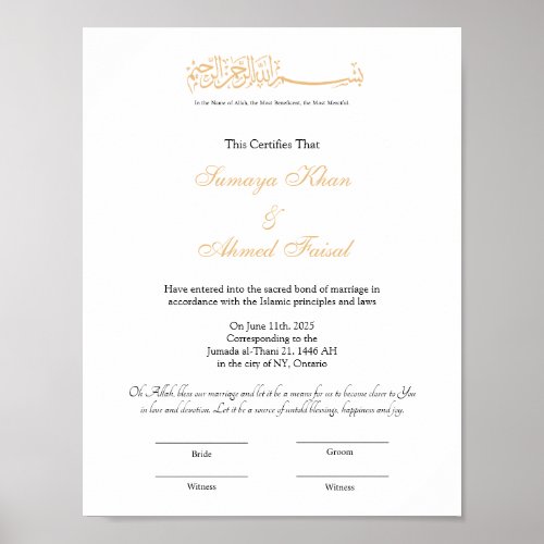 Islamic marriage certificate Nikkah Certificate P Poster