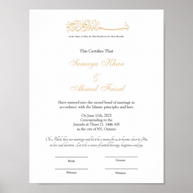 Islamic marriage certificate, Nikkah Certificate P Poster (Front)