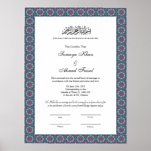 islamic marriage certificate poster