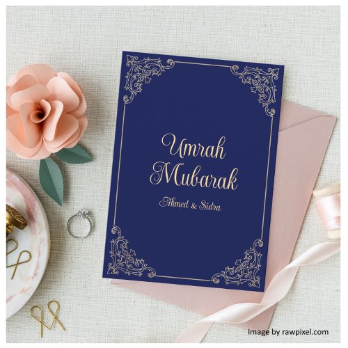 Islamic Navy Blue Umrah Mubarak Greeting Card