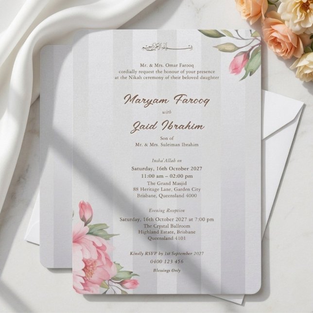 Islamic Nikah Blush Peony Grey Stripe Monogram Invitation (Creator Uploaded)