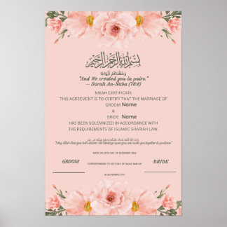 Islamic Nikah Certificate Blush Pink Watercolor Poster