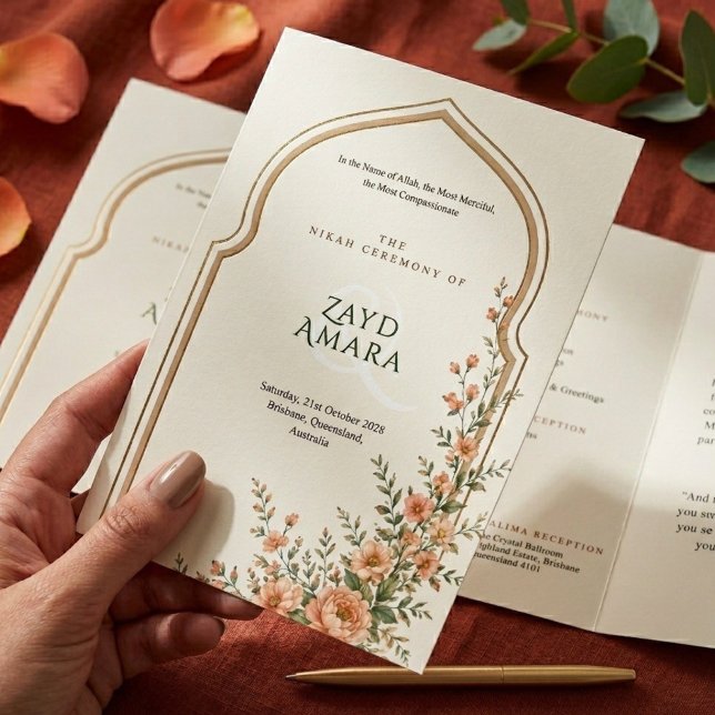 Islamic Nikah Peach Floral Arch Wedding Tri-Fold Program (Creator Uploaded)