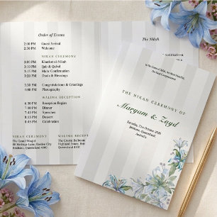 Islamic Nikah Wedding Blue Lily Grey Stripe Tri-Fold Program