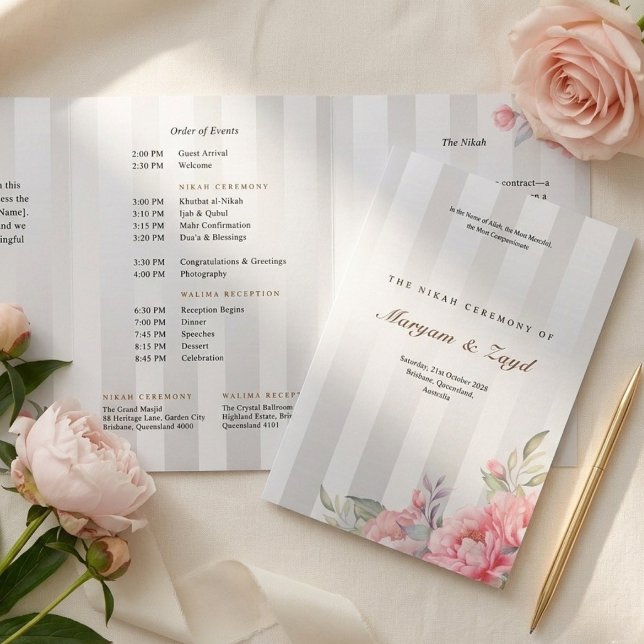Islamic Nikah Wedding | Blush Peony Grey Stripe Tri-Fold Program (Creator Uploaded)