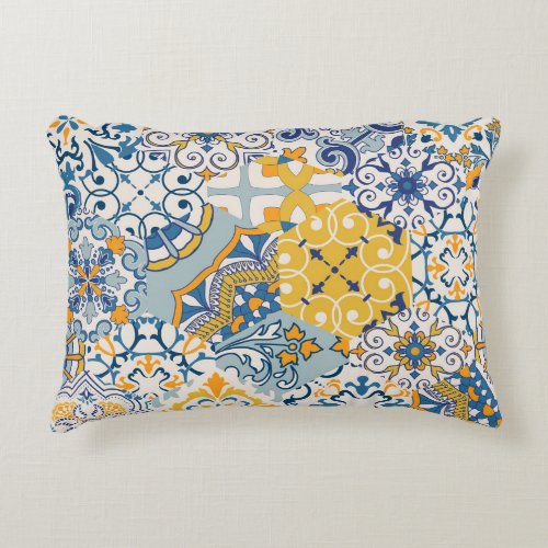 Islamic Patchwork Majolica Pottery Tile Accent Pillow