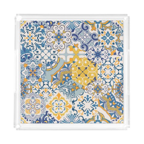 Islamic Patchwork Majolica Pottery Tile Acrylic Tray