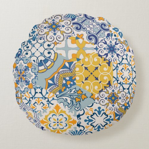 Islamic Patchwork Majolica Pottery Tile Round Pillow