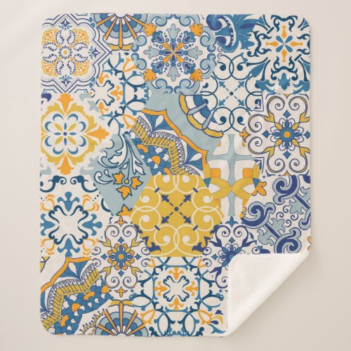 Islamic Patchwork Majolica Pottery Tile Sherpa Blanket