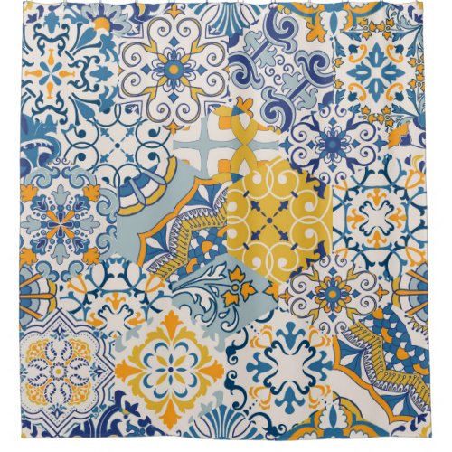 Islamic Patchwork Majolica Pottery Tile Shower Curtain