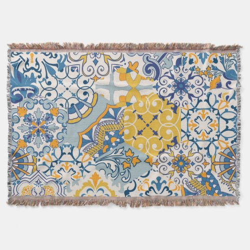 Islamic Patchwork Majolica Pottery Tile Throw Blanket