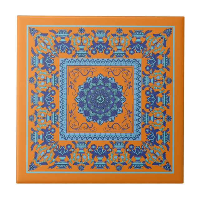 Islamic Pattern Blue And Orange Ceramic Tile (Front)