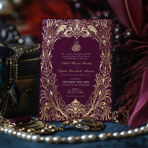 Islamic Purple Plum Wedding Ottoman Turkish Foil Invitation