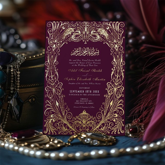 Islamic Purple Plum Wedding Ottoman Turkish Foil Invitation (Creator Uploaded)