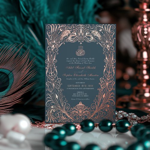 Islamic Rose Gold Blue Wedding Ottoman Turkish Foil Invitation