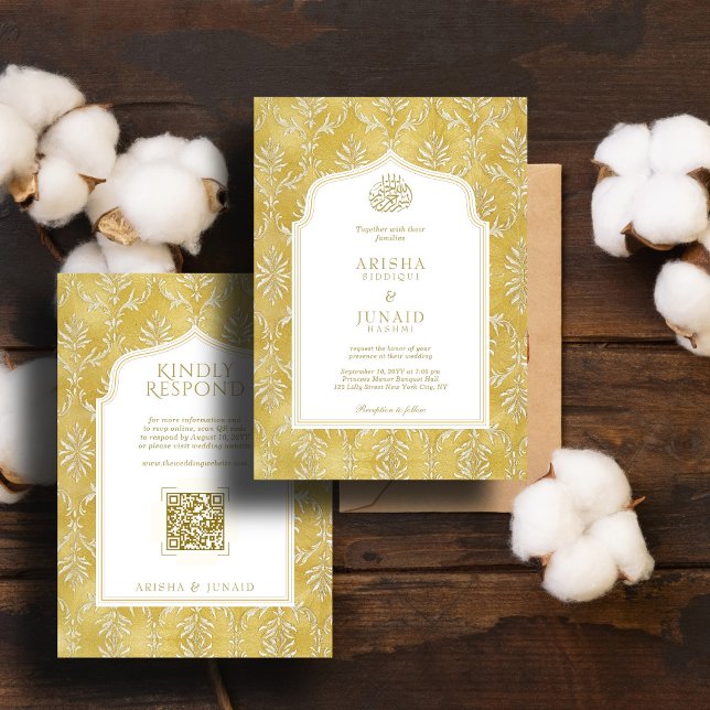 Islamic & Royal Golden Damask Muslim QR Wedding Invitation (Creator Uploaded)