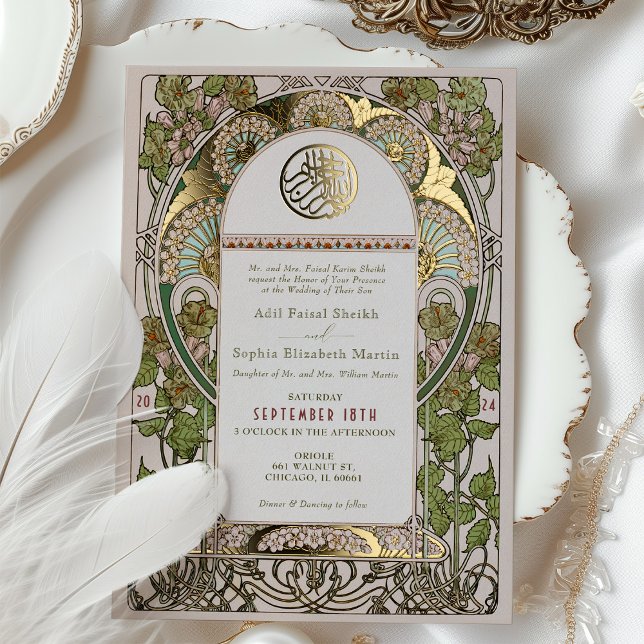 Islamic Sage Green Wedding Art Nouveau Mucha Foil Invitation (Creator Uploaded)