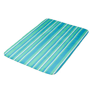 Islamic Turquoise, Aqua, White Striped Pattern Bath Mat