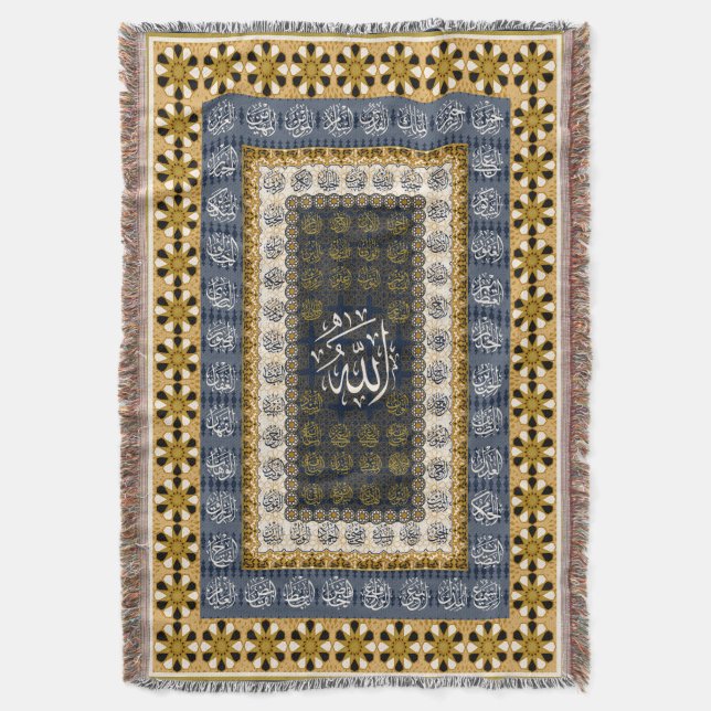 Islamic Wall Art Allah Names Calligraphy Geometric Throw Blanket (Front Vertical)