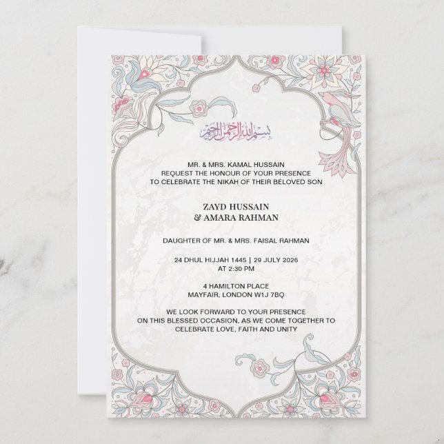 Islamic Wedding Invitation Floral Arabesque, White (Front)