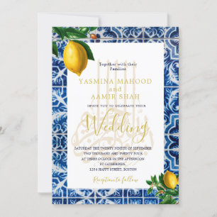 Islamic Wedding  Lemons Blue White Tiles Elegant Invitation