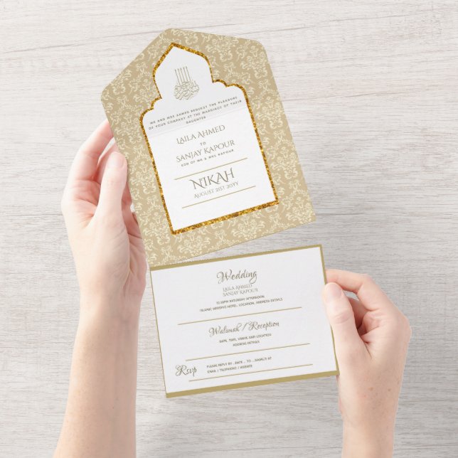 Islamic WEDDING NIKAH WALLIMAH Gold Damask All In One Invitation (Tearaway)