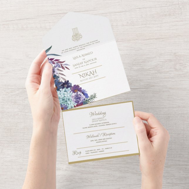 Islamic WEDDING NIKAH WALLIMAH Gold Floral All In  All In One Invitation (Tearaway)