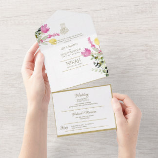 Islamic WEDDING NIKAH WALLIMAH Gold Floral All In  One Invitation