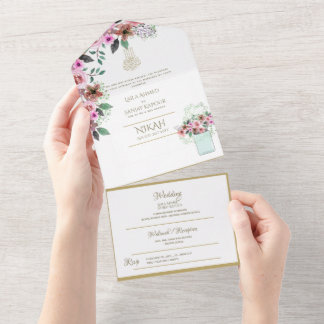 Islamic WEDDING NIKAH WALLIMAH Gold Floral All In  One Invitation